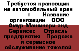 Требуется крановщик на автомобильный кран Tadano (8 т.)  › Название организации ­ ООО “Амур Машинери энд Сервисес“ › Отрасль предприятия ­ Продажа и сервисное обслуживание тяжелой техники › Название вакансии ­ Крановщик на автомобильный кран Tadano (8 т.)  › Место работы ­ ул. Вахрушева, 1 › Минимальный оклад ­ 30 000 - Приморский край, Артем г. Работа » Вакансии   